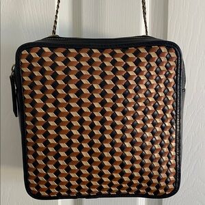 BEMBIEN  Crossbody  bag, GIO weave pattern black brown natural tones . 9” by 9”.